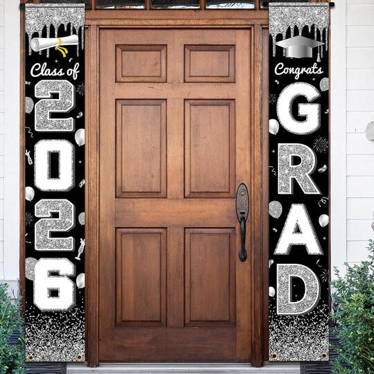 Graduation Party Decoration – Black & Silver Congrats Grad Class of 2026 Porch Banner, 70.8×11.8 Inch Door Hanging Sign for High School & College Graduation Decor